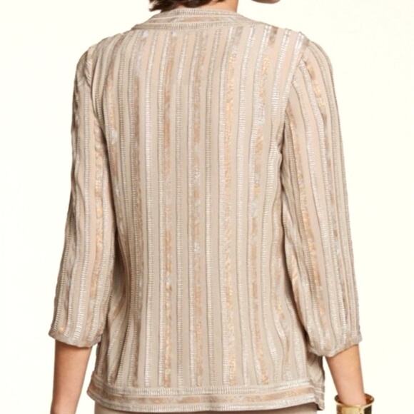 NEW CHICO’S Travelers Gilded Stripe Open Sheer Light Jacket SZ 1 M Tan Metallic - Picture 3 of 12